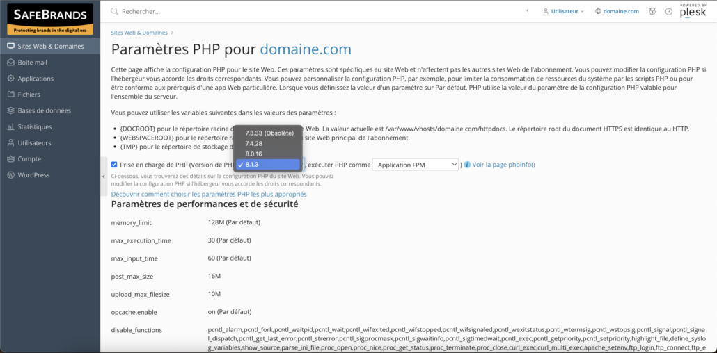 Plesk Paramètres PHP